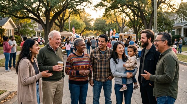 Neighbors of various ages, ethnicities, and professions gathered at a local community event; authentic conversations, natural smiles, soft late-afternoon light.