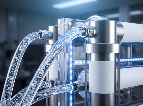 Water purification system filters process clear liquid through high-pressure industrial stainless steel pipes in a controlled laboratory environment.