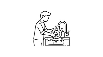 Naklejka premium Man Washing Dishes in Kitchen Sink Line Art