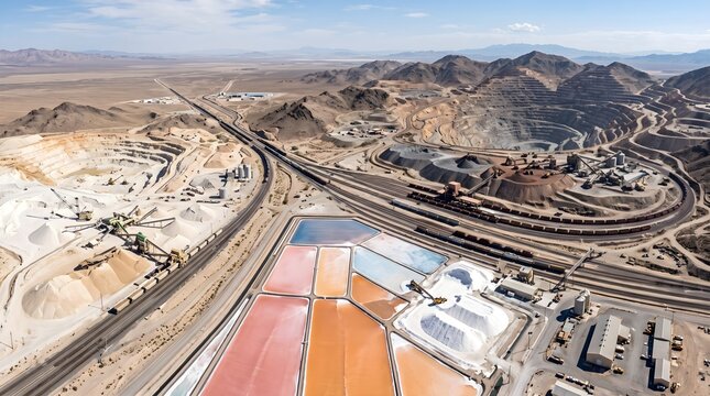 Aerial Industrial Landscape of an Open Pit Copper Mine With a Processing Plant Evaporation Ponds Rail Lines and a Highway Crossing the Arid Desert Mining Industry