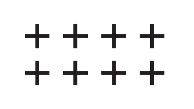 Grid of eight black plus sign markers on white background with geometric minimalist abstract template creative backdrop mathematics addition increase indicator positive interface