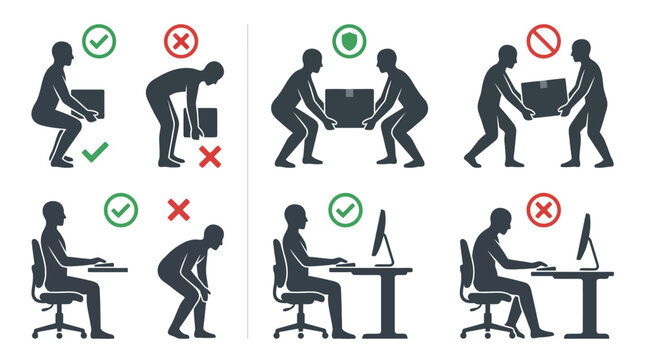 Ergonomic guide for correct and incorrect lifting and sitting posture