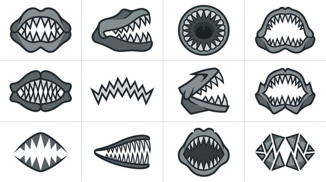 Aggressive animal and monster jaw silhouette icons.