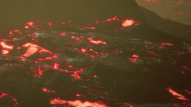 Lava flows across a rocky landscape, glowing red against a dark backdrop. The heat and energy of the eruption create an intense environment. Smoke rises into the air during this volcanic activity.