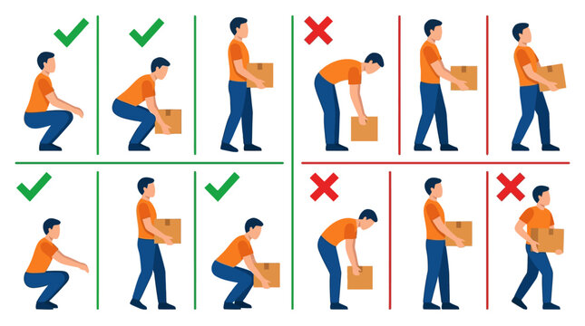 Proper and improper manual lifting techniques for safe box handling