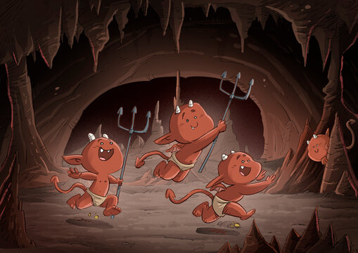 Little demons playing in hell, children's illustration