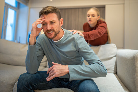 Hysterical manipulative husband displeased with woman partner attempts to talk after quarrel, toxic immature behavior and insecurity, married couple in disagreement, negative unhealthy emotions.