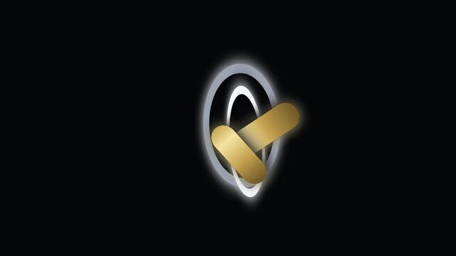 Abstract golden pill logo animation rotating in digital space with white glowing rings on black background.