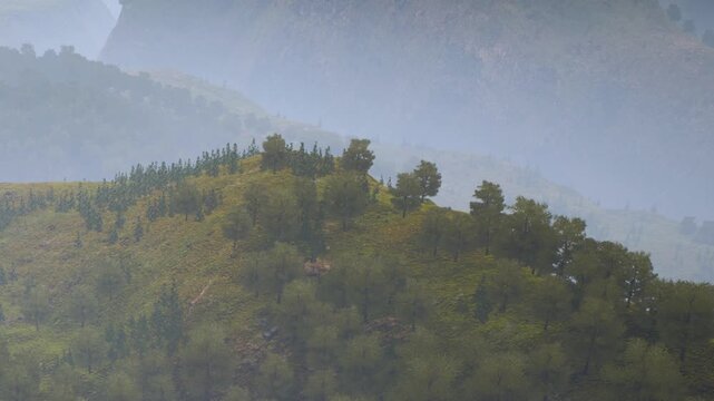 A hillside covered with green trees stands in the mist. The surrounding mountains create a layered effect. The scene shows a quiet morning with fog. Nature fills the view with greenery.