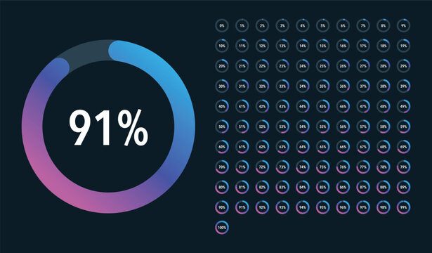 Set of gradient infographic percentage piecharts / segment of hole circle icons 0% - 100%, simple flat design loading data interface elements app button ui ux web, vector isolated on dark background
