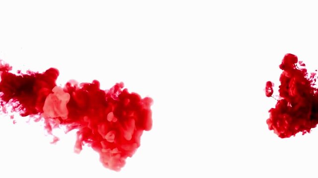 Red paint is injected into water and creates fluid watercolor smoke plumes on isolated white
