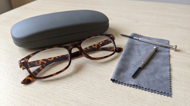 Eyeglass maintenance kit with tortoise shell frames grey hard case microfiber cloth and mini screwdrivers