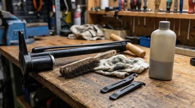 Bicycle maintenance tools on a workbench including a floor pump brush rags tire levers and chain lube