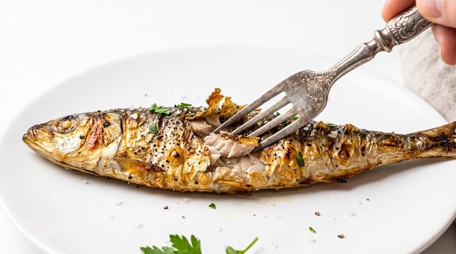 Close up of silver fork breaking crispy skin of grilled Spanish sardine on white background