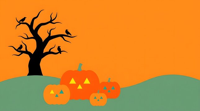 Halloween pumpkin patch with glowing jack-o'-lanterns at dusk. Spooky autumn scene featuring carved orange pumpkins under a bare tree.