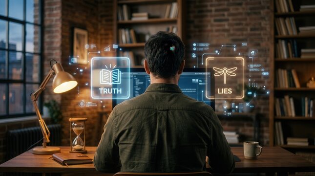 A person at a desk contemplating truth and lies icons for media literacy.