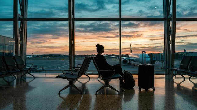 A weary traveler sits alone in a crowded airport terminal looking at the runway.