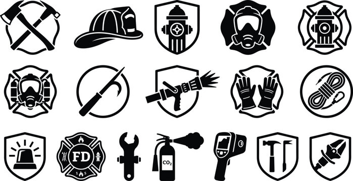 Firefighter Safety Silhouette Icon Set with Rescue Equipment Emergency Protection and Fire Service Symbols