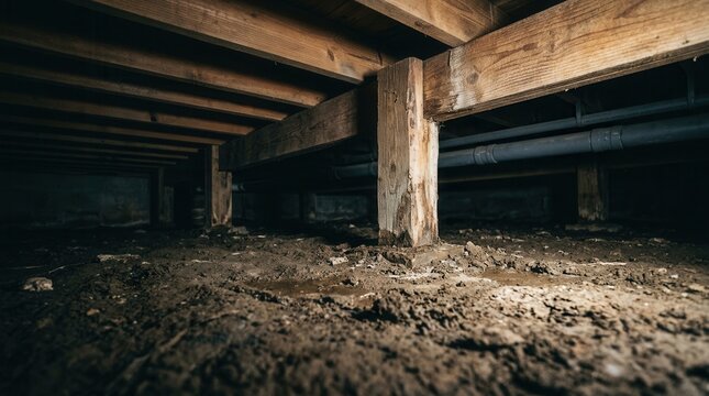 House crawl space with exposed soil and wooden beams needing repair.