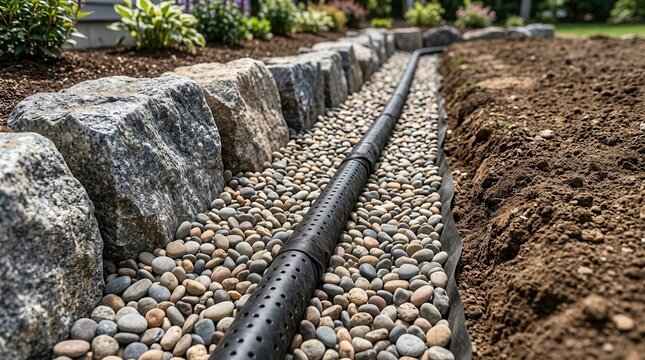 French drain system with perforated pipe and gravel in a trench for stormwater management.