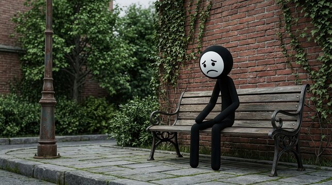 A lone stick figure sits on a park bench symbolizing urban loneliness and emotional isolation.