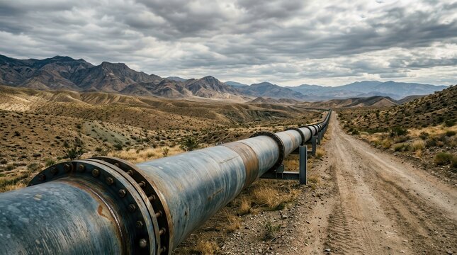 Long aboveground pipeline crossing a remote borderland landscape for energy transport.
