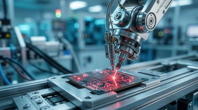 Automated machinery assembling microchips with high precision in a cleanroom environment.