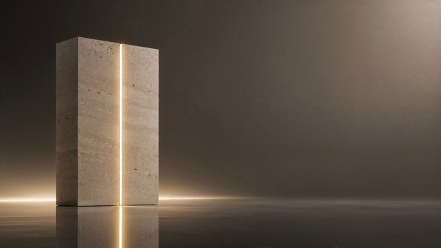 Minimal stone monolith with a glowing vertical light slit, premium architectural background, elegant copy space for branding, luxury product presentation and advertising.