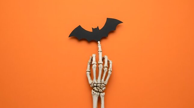 Halloween skeleton hand holding black paper bat. Spooky undead prop with DIY craft decoration for horror party.