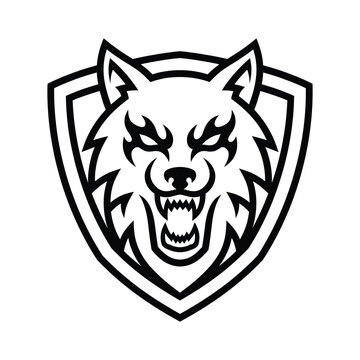 Wolf head mascot emblem in a shield frame with snarling illustration predator monochrome aggressive