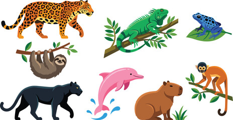 Obraz premium Amazon Rainforest Animals Vector Illustration Set Featuring Jaguar Iguana Poison Dart Frog Sloth Pink Dolphin Capybara Monkey Panther