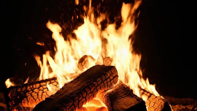 Large outdoor bonfire burning wood logs at night.