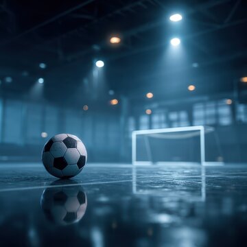 A classic soccer ball rests on a dark indoor court. Sports competition and training concept.