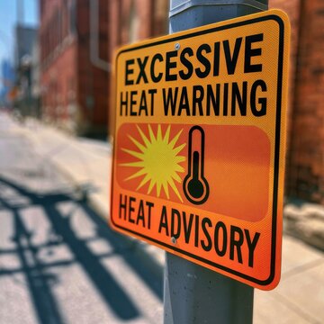 A close-up of a bright yellow excessive heat warning sign on a post. Concept for climate change.