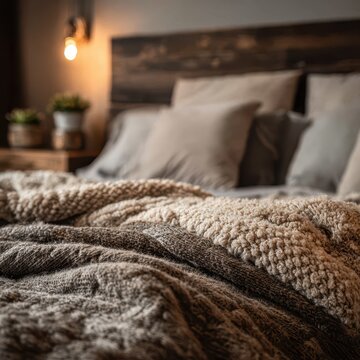 A cozy bedroom with a chunky knit blanket on a made bed. Represents home comfort and rest.