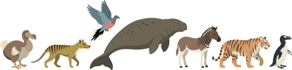 Extinct Animals and Rare Wildlife Vector Illustration Set Featuring Dodo Bird, Thylacine, Passenger Pigeon, Steller's Sea Cow, Quagga, Caspian Tiger, and Great Auk © Sahina