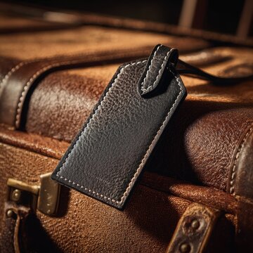 Black leather luggage tag on a vintage brown suitcase. Ideal for travel accessories marketing.