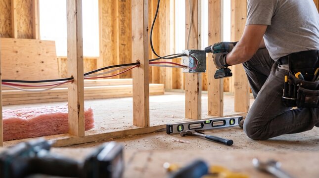 Contractor installing metal junction box with electrical cables in new construction wooden stud wall during rough in wiring phase