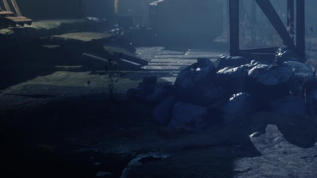 A collection of trash bags is stacked in a dark, poorly lit urban setting. The ground is uneven with debris scattered around, and faint light falls on the scene from above.