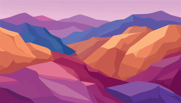 Vector of  low poly landscape game background banner featuring geometric mountains. vibrant purple, orange, pink, and blue facets create a modern backdrop for webpage headers or print posters.