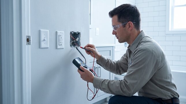 Electrical inspector testing grounding and wiring inside new junction box in finished bathroom renovation during final safety inspection