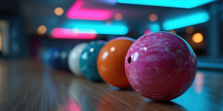 Colorful bowling balls line up on a wooden lane. Leisure and sport activity concept.