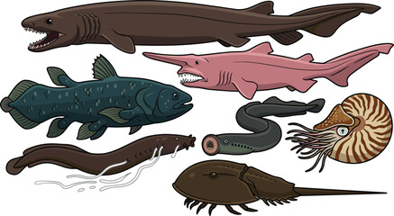 Prehistoric Living Fossils Marine Creatures Vector Illustration Set Featuring Frilled Shark Goblin Shark Coelacanth Lamprey Nautilus Horseshoe Crab © Sahina