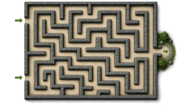 Complex stone maze with multiple green entry arrows and a clear exit path to a garden