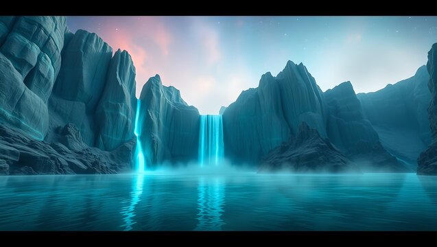 Fantasy landscape with giant glowing Larimar stone cliffs and bioluminescent turquoise waterfall under a starry nebula sky