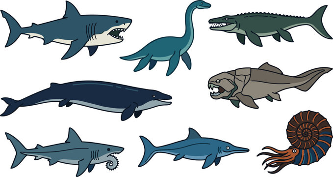 Prehistoric Sea Monsters and Ancient Marine Creatures Vector Illustration Set Featuring Plesiosaur Mosasaur Megalodon Dunkleosteus Helicoprion Ichthyosaur Ammonite