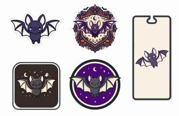 Fototapeta premium Cute Halloween Bat Emblems and Icons Collection for Festive Designs PNG Isolated on transparent background : characters badge elements for halloween