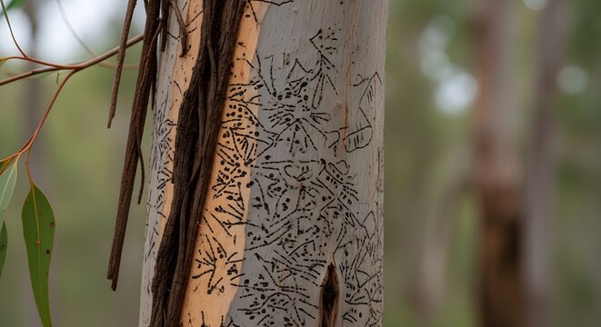 Eucalyptus tree bark with insect patterns. Scribbly gum bark texture in a forest.