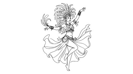 Fototapeta premium Elegant Dancer in Feathered Costume, Expressive Pose, Outline Illustration