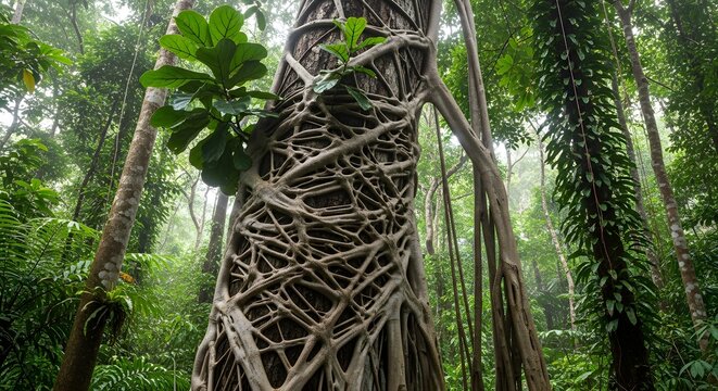 Strangler fig tree in tropical rainforest. Large tree trunk covered by tangled vine roots.